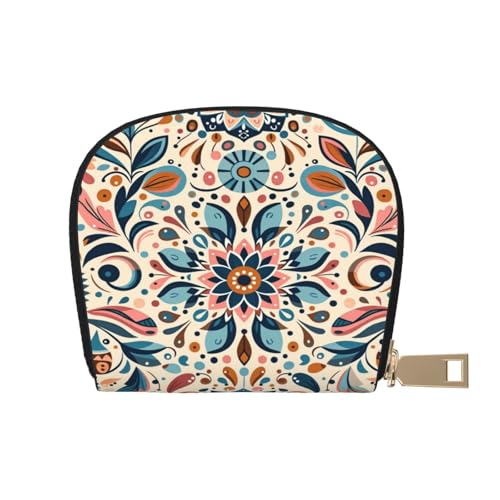 Scandinavian Folk Art RFID Blocking Semi Circle Card Holder PU Leather Zipper Wallet Pouch Keychain Bag for Women Men, Slim Small Credit Card Case Organizer with 12 Slots - color: Scandinavian Folk Art