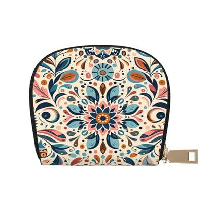 Scandinavian Folk Art RFID Blocking Semi Circle Card Holder PU Leather Zipper Wallet Pouch Keychain Bag for Women Men, Slim Small Credit Card Case Organizer with 12 Slots - color: Scandinavian Folk Art