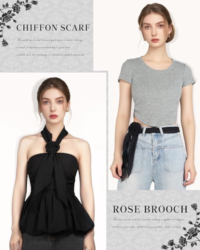 Chiffon Scarf for Women, Removable Flower Neck Scarf Light Soft Fashion Rose Scarves Versatile Headband or Hair Band - color: Black