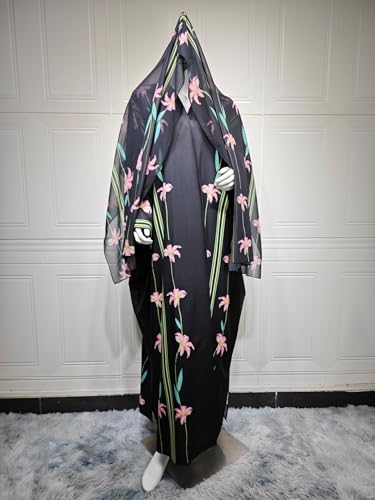 Long Chiffon Cardigan Abayas for Women's Muslim Kaftan | Applique Flower, Hijabs Dress - color: Black