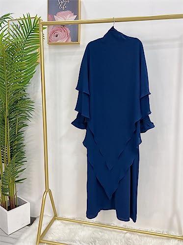 Women Prayer Dress Muslim Ramadan Garment Abaya Dubai Islam Jilbeb 2 Piece Set Layered Khimar Scarf Hijab and Long Dress - color: Dark Blue, size: Large