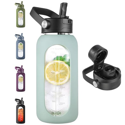 CIVAGO 32 oz Glass Water Bottle with Detachable Straw and Time Maker | Motivational Large Flask Cup with Handle, Leakproof Lids, Wide Mouth, Silicone Sleeve, Tumbler for Juice, Sage - color: .Sage, size: 32 Ounces