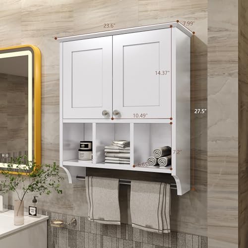 Bathroom Medicine Cabinet, Bathroom Cabinet Wall Mounted Over-The-Toilet with Towel Bar, 2 Doors & 3 Open Shelves, White - color: White
