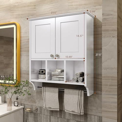 Bathroom Medicine Cabinet, Bathroom Cabinet Wall Mounted Over-The-Toilet with Towel Bar, 2 Doors & 3 Open Shelves, White - color: White