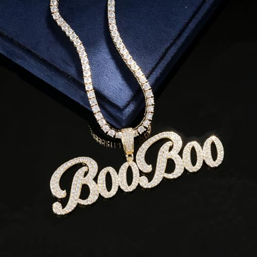Lulu Mel Iced Out Personalized Cursive Name Necklace For Trendy Women, Custom Handmade Nameplate Pendant With Cuban Link Chain, White Gold Plated Hip Hop CZ Diamond Jewelry Gifts - color: Brust Letter Gold