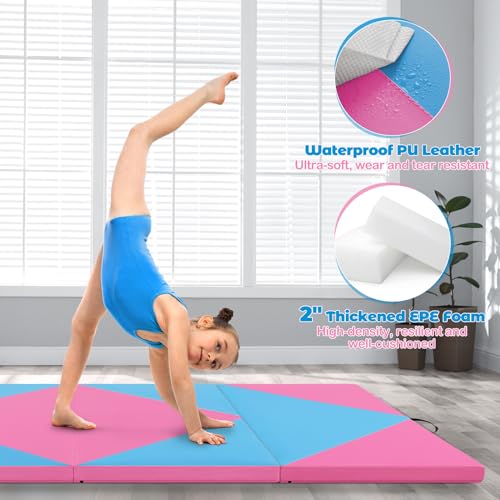 Giantex 4'x8' Gymnastics Mat, 2" Thick Folding Tumbling Mat with Carrying Handles, Foldable Gym Mat with Hook and Loop Fastener, Cheer Mats for Kids Adults Home Exercise Aerobics Fitness - color: Rose/Blue