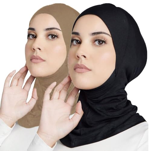 Women Slouchy Beanies Cap Soft Hijab Cap Under Scarf for Women Muslim Jersey Hijab Undercaps(1PC/2PC) - color: Black+khaki