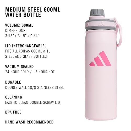 adidas Stainless Steel Metal Water Bottle 20 oz (600 mL) Screw Cap - color: Clear Pink/Grey/Pink Fusion