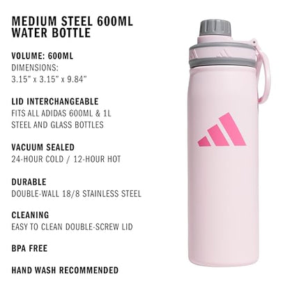 adidas Stainless Steel Metal Water Bottle 20 oz (600 mL) Screw Cap - color: Clear Pink/Grey/Pink Fusion