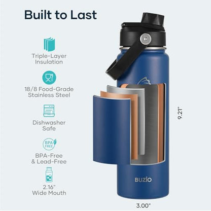 BUZIO 24 oz Insulated Water Bottle, Stainless Steel Wide Mouth Water Flask with Straw Lid, Cold for 48 Hrs Leak Proof Metal Hydro Thermo Canteen Mug, Blue - color: Blue, size: 24 Ounces