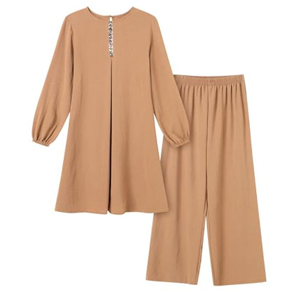 Abayas Dress For Women Muslim Long Sleeve Loose Top Pants 2 Pcs Dubai Islamic Muslim Women Matching Sets - color: Khaki B, size: Large