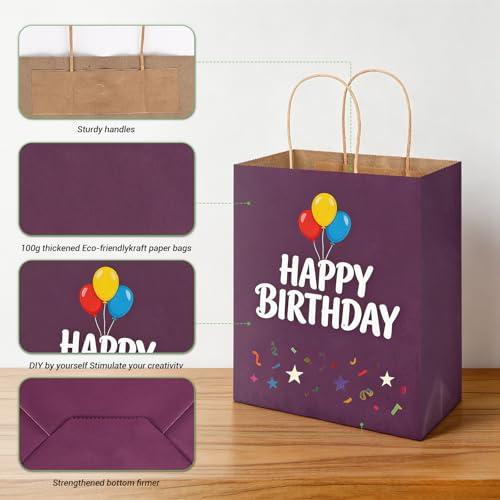 bagmad 100 Pack 8x4.75x10 Inch Plain Medium Paper Bags with Handles Bulk, Kraft Craft Gift Bags, Grocery Shopping Retail Birthday Party Favors Wedding Sacks (Purple) - color: Purple