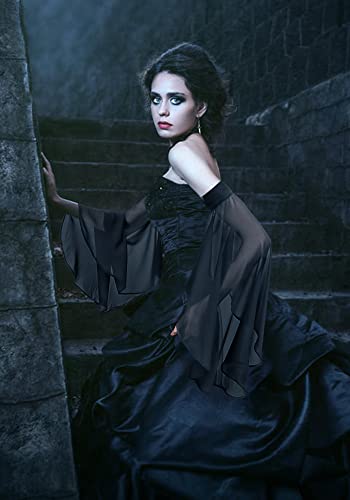DAZCOS Victorian Long Tulle Sleeves for Women Chiffon Detachable Gloves for Wedding Dress Halloween Party Pageant - color: Black-01