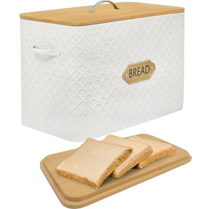 EMAX HOME Extra Large Space Saving Farmhouse Bread Box With Wood Lid - Holds 2 Loaves - Vertical Breadbox Bread Storage Bin Holder for Kitchen Countertop, White - color: Fish Scale Embossing