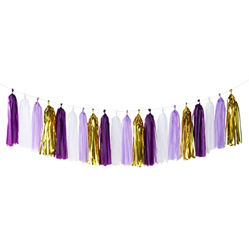 Purple-Gold Party Decoration Tassel Garland - 20pcs Lavender White Gold Birthday Party Supplies Tassels Banner Women Girls Wedding Engagement Bachelorette Graduation Decorations - color: Purple Gold