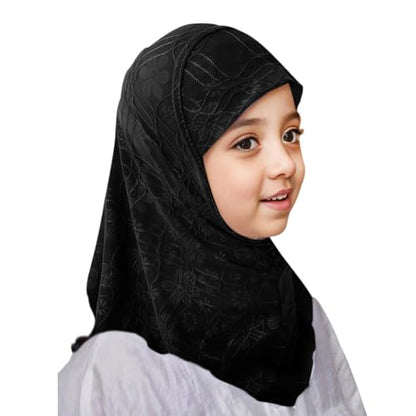 2PCS Girls Hijab Scarf Muslim Kids Amira Instant Hijab Headscarf Flower Head Wrap Scarf Turban for Age 2-6 Years - color: Black + Red