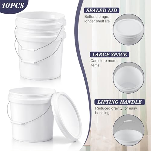 Mumufy 10 Pcs 3.5 Gallon Round Food Grade Bucket with Lid Plastic Buckets Pail with Handle Lid Heavy Duty Buckets for Storing Dry Food Charcoal Camping Fishing(White) - color: White, style: Round