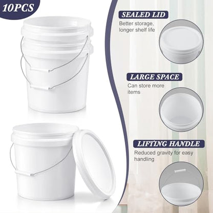 Mumufy 10 Pcs 3.5 Gallon Round Food Grade Bucket with Lid Plastic Buckets Pail with Handle Lid Heavy Duty Buckets for Storing Dry Food Charcoal Camping Fishing(White) - color: White, style: Round