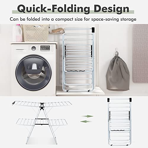 GOFLAME 2-Tier Clothes Drying Rack, Folding Laundry Dry Rack with Adjustable Supporting Bar, 26 Premium Clips, Space-Saving & Collapsible Laundry Hanger for Easy Storage, No Assembly Needed - size: 60.5” x 22” x 35.5”