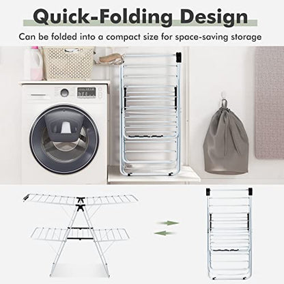 GOFLAME 2-Tier Clothes Drying Rack, Folding Laundry Dry Rack with Adjustable Supporting Bar, 26 Premium Clips, Space-Saving & Collapsible Laundry Hanger for Easy Storage, No Assembly Needed - size: 60.5” x 22” x 35.5”