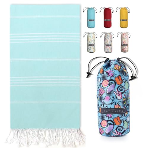 BAY LAUREL Turkish Beach Towel with Travel Bag 39 x 71 Quick Dry Sand Free Lightweight Large Oversized Towels Light - (Aqua with Mix Blue) - color: Aqua With Mix Blue