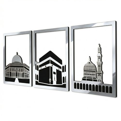 iwa concept Masjid Al Aqsa, Kaaba & Masjid An-Nabawi Islamic Wall Art, Wooden Blessed Places Islamic Wall Decor, Gift for Muslims at Ramadan Eid (Small, Silver | All Three) - color: Silver | All Three, size: 14.8L" x 11.8W"