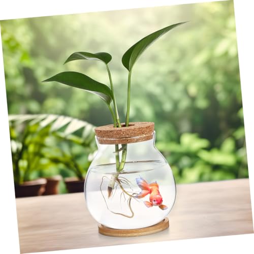Happyyami Small Fish Bowl with Wood Lid Hydroponic Glass Mini Aquarium 10x11cm with Mat Desktop Fish Tank and Home Office Decor