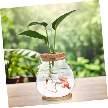 Happyyami Small Fish Bowl with Wood Lid Hydroponic Glass Mini Aquarium 10x11cm with Mat Desktop Fish Tank and Home Office Decor