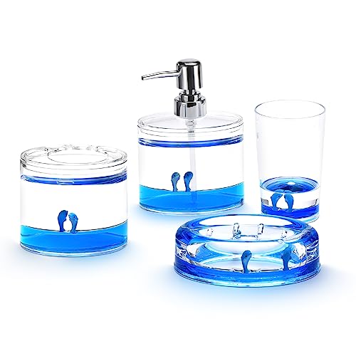 4 Piece Acrylic Liquid 3D Floating Motion Bathroom Vanity Accessory Set Ocean Cartoon Animal Theme Dolphin Toothbrush Holder, Tumbler, Soap Dispenser, Soap Dis - size: 4-piece, style: Dolphin