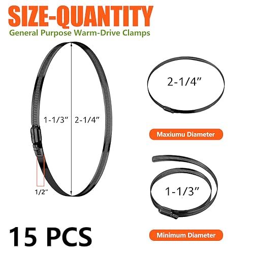 BOTTEN 15pcs Black Hose Clamp,1-1/3" - 2-1/4"(33-57mm) 304 Hose Clamps Stainless Steel Adjustable Worm Gear Hose Clamps Assortment Kit,radiator hose clamps fuel line clamps - size: 1-1/3''–2-1/4''