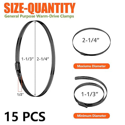 BOTTEN 15pcs Black Hose Clamp,1-1/3" - 2-1/4"(33-57mm) 304 Hose Clamps Stainless Steel Adjustable Worm Gear Hose Clamps Assortment Kit,radiator hose clamps fuel line clamps - size: 1-1/3''–2-1/4''