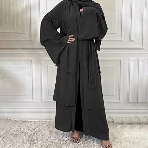 Abayas for Women Muslim Dubai Dress Solid Loose Fit Long Cardigan Islamic Kaftan Robe Open Front Maxi Length - color: #A: Black, size: Large