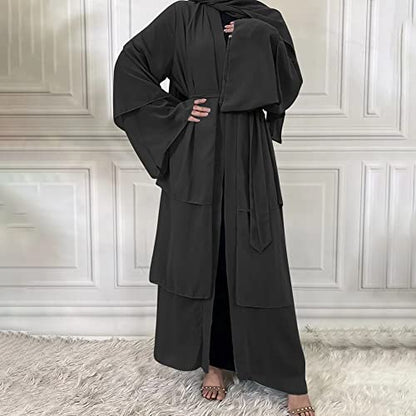 Abayas for Women Muslim Dubai Dress Solid Loose Fit Long Cardigan Islamic Kaftan Robe Open Front Maxi Length - color: #A: Black, size: Large