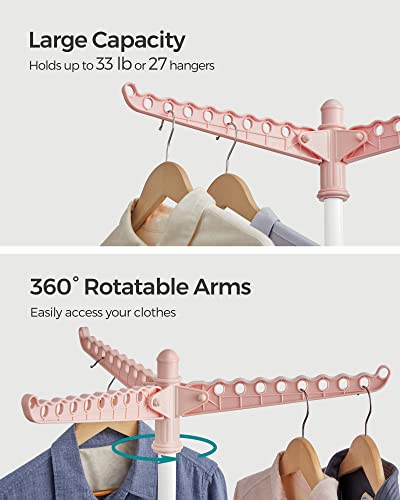 SONGMICS 의류 건조대, 149.9cm(59인치) 접이식 세탁 건조대, 행거용 회전 가능한 팔 3개, 다리 4개, 스테인리스 스틸, 옷 27피스용, 핑크 및 화이트 ULLR510P01 - color: 핑크 + 화이트., style: 1단