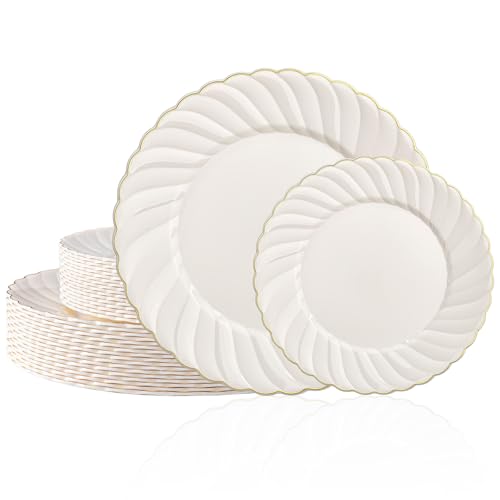 U-QE 60 Pcs Ivory Plastic Plates with Gold Trim, Scalloped Plate Disposable - color: Ivory Gold