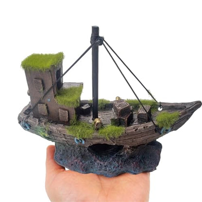 kathson Betta Fish Tank Shipwreck,Aquarium Sunken Ship Decorations Resin Sunken Boat with Cave Hideouts Fish Tank Shipwrecks Decor Saltwater Freshwater Aquarium Ornaments for Hiding Accessories - style: Sunken ship (B)