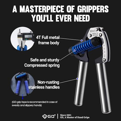GD IRON GRIP 70 Grip Strength Trainer Hand Gripper Forearm Strengthener | Adjustable 44~154lbs Resistance, hand finger exerciser, forearm trainer squeezer, hand strengthening devices, Metal Hand Grip