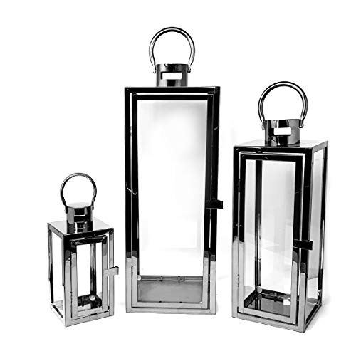 Allgala 3-PC Lantern Set 23 Inch Jumbo Deluxe Modern Indoor/Outdoor Candle Lantern Set Stainless Steel Frame Tempered Glass Rectangular Black for Garden Poolside Fireplace Wedding - color: Cuboid Black