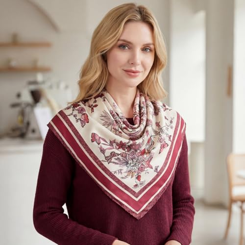 RIIQIICHY Head Scarf for Women Like Silk Satin Scarf for Hair Wrapping at Night Bandana Square Scarf for Sleeping 35 Inch - color: Burgundy Botanical