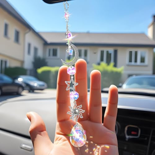 Moon and Star Rear View Mirror Car Charm, Cute Boho Sun Catcher Pendant Hangings Ornaments Healing Crystals Stones Car Decor for Women Men(B)