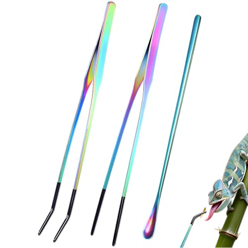 Stainless Steel Reptile Feeding Tongs & Spoon Set - 10.6" Straight & Curved Tweezers for Aquariums & Crafts - Feeder Tools with Rubber Tip for Bearded Dragons,Snake, Lizards - 3 Pack