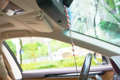 Pink Catholic Car Rosary – 2PCS Hanging Rosary with Rose Beads and Sparkling Rhinestone Cross for Rearview Mirror, Mini Religious Charm for Women, Cute Car Accessories