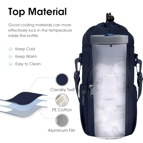 sportsnew 40oz Insulated Crossbody Water Bottle Bag Gym Hiking Phone Pocket | Water-resistant Lining, Padded Strap, Top Handle, Drawstring, Phone Pocket, Elastic Slots, Built-In Key Clip for Gym Walking - color: Navy Blue