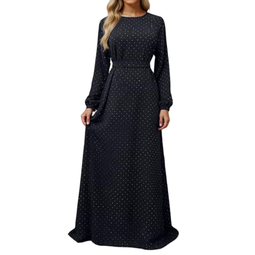 Muslim Dresses for Women Maxi Dress with Belt Long Sleeve Crew Neck Dress Long Casual Church Dress Prayer Clothes - color: Black, size: XX-Large