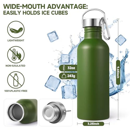 Volhoply 32oz Uninsulated Single Walled Water Bottle, Stainless Steel Sports Water Bottles with Handle, BPA Free Lightweight Water Bottles for Hiking, Biking, Running（Army Green,1） - color: Army Green