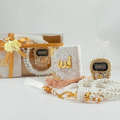 BABY SHOWER CHOCOLATE Islamic Gift Set (Pack of 6) - Digital Tasbih Counter, Mini Quran and Prayer Beads in Elegant Gift Box - Muslim Gift for All Occasions (White)