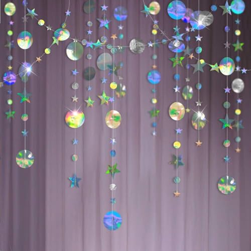 Cheerland Iridescent Party Decorations Holographic Star Garland Hanging Stars Moon Streamer Galaxy Birthday Decorations Ramadan Eid Banner Baby Shower Backdrop Space Alien Celestial Party Decor