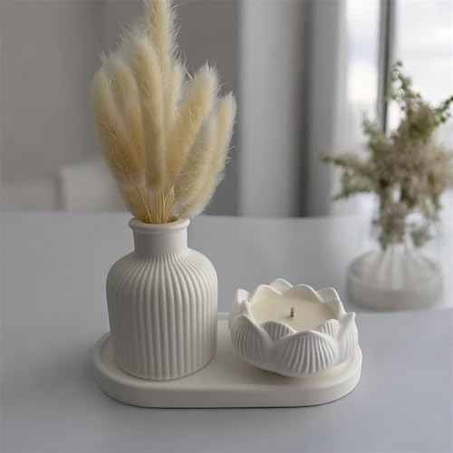Minimalist Home Decor Set with Dried Flowers – Handmade Tray, Vase and Candle Holder – Modern Neutral Decorative Accent for Living Room, Bedroom or Bathroom