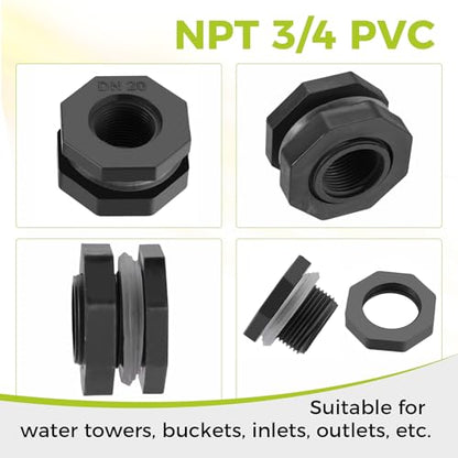 4 Packs Bulkhead Fitting, 3/4 Inch PVC Male GHT x 1/2 Inch Female NPT Bulkhead Water Tank Connector Adapter Fitting for Rain Barrels, Aquariums, Water Tanks, Ponds, Gallon Drain Bucket