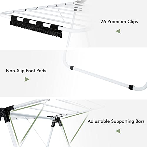 GOFLAME 2-Tier Clothes Drying Rack, Folding Laundry Dry Rack with Adjustable Supporting Bar, 26 Premium Clips, Space-Saving & Collapsible Laundry Hanger for Easy Storage, No Assembly Needed - size: 60.5” x 22” x 35.5”